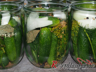 Die in Gläser geschichteten Gurken mit den Gewürzen in der Seitenansicht