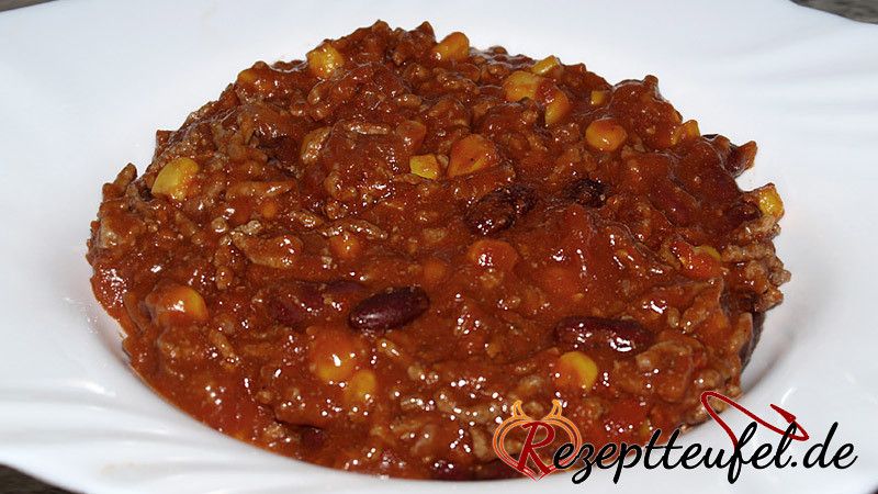 Chili con Carne mit Hackfleisch, Kidneybohnen und Mais